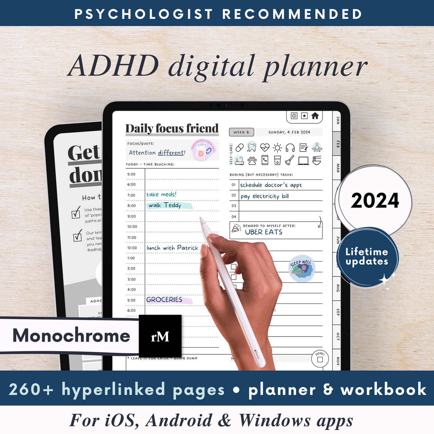 Monochrome ADHD Digital Planner for iOS, Android & Windows Apps