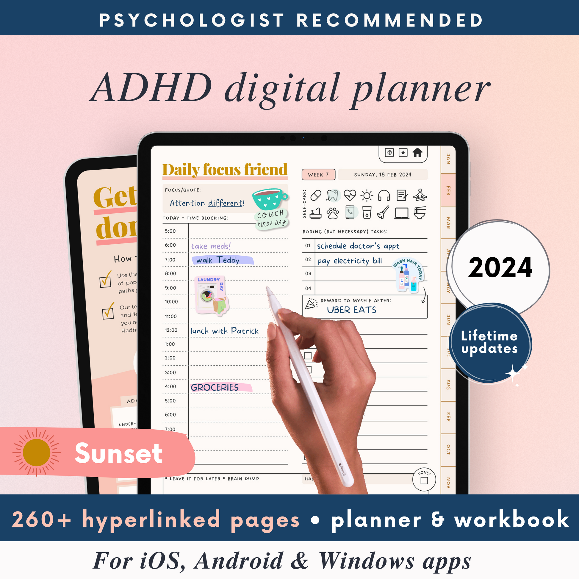 Sunset ADHD Digital Planner for iOS, Android & Windows Apps
