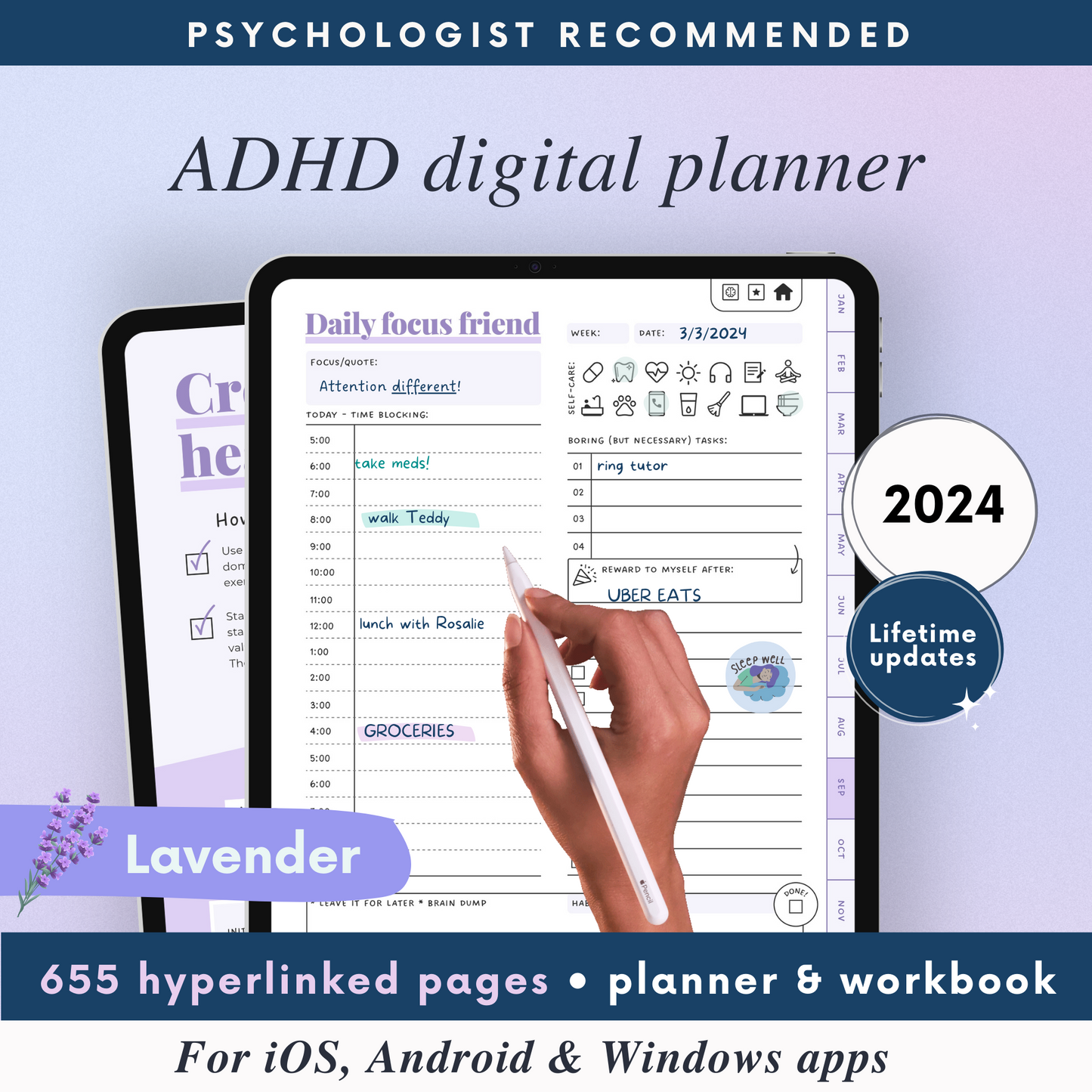 Lavender ADHD Digital Planner for iOS, Android & Windows Apps