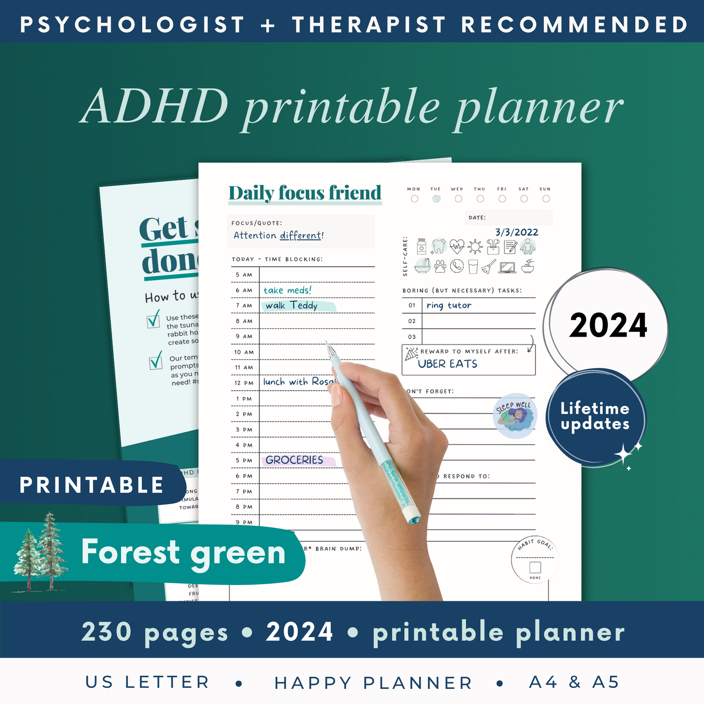 FOREST GREEN PRINTABLE - ADHD Planner, Self Care & Habits Workbook & Journal